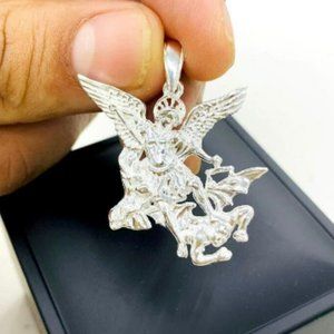 925 Sterling Silver Saint Michael Pendant Charm 35x27mm San Miguel Medalla Plata